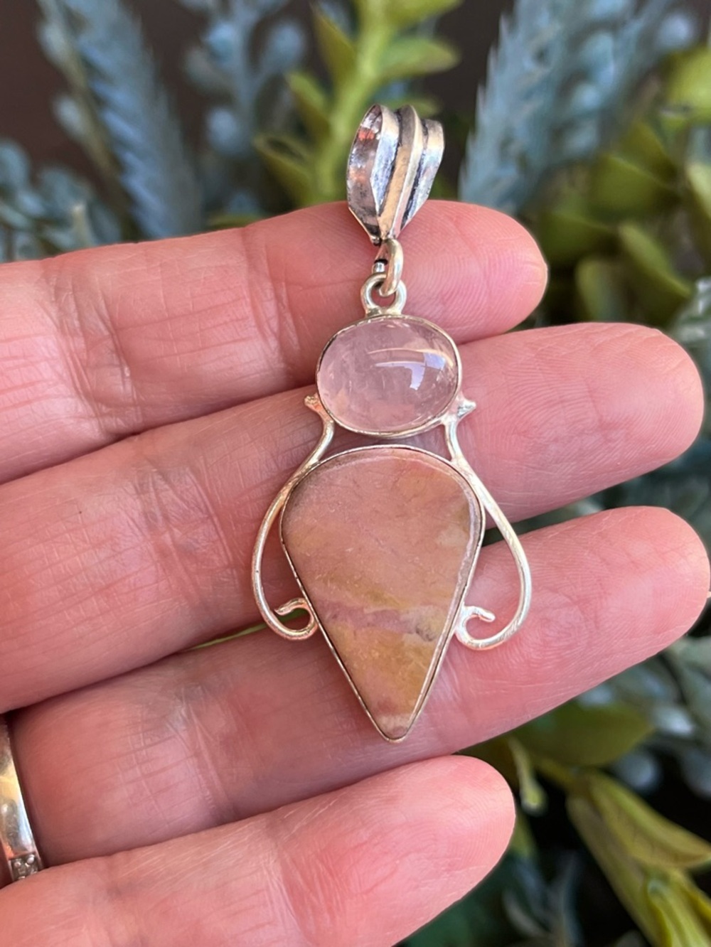 Pink Jasper & Rose Quartz Natural Gemstone 2” Pendant